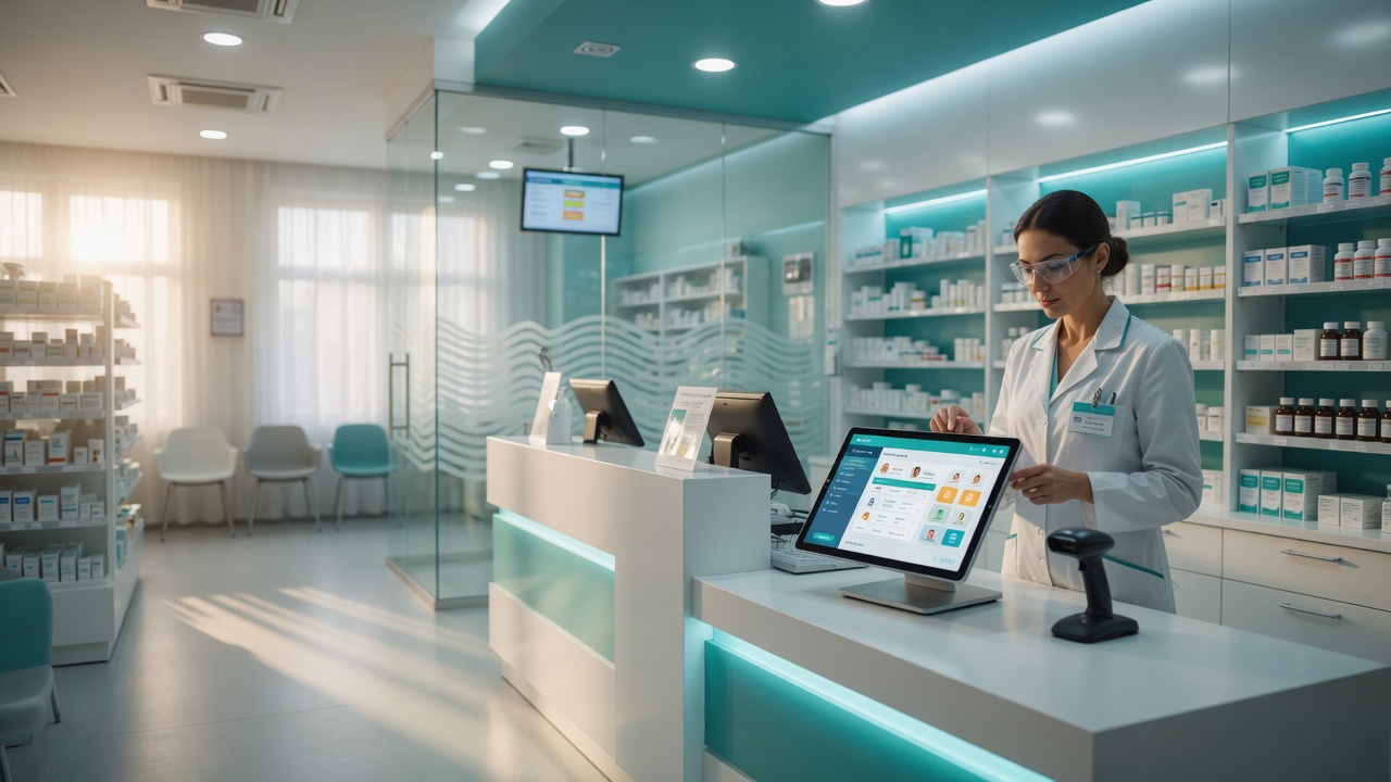Pharmacist billing a customer at a medical store counter