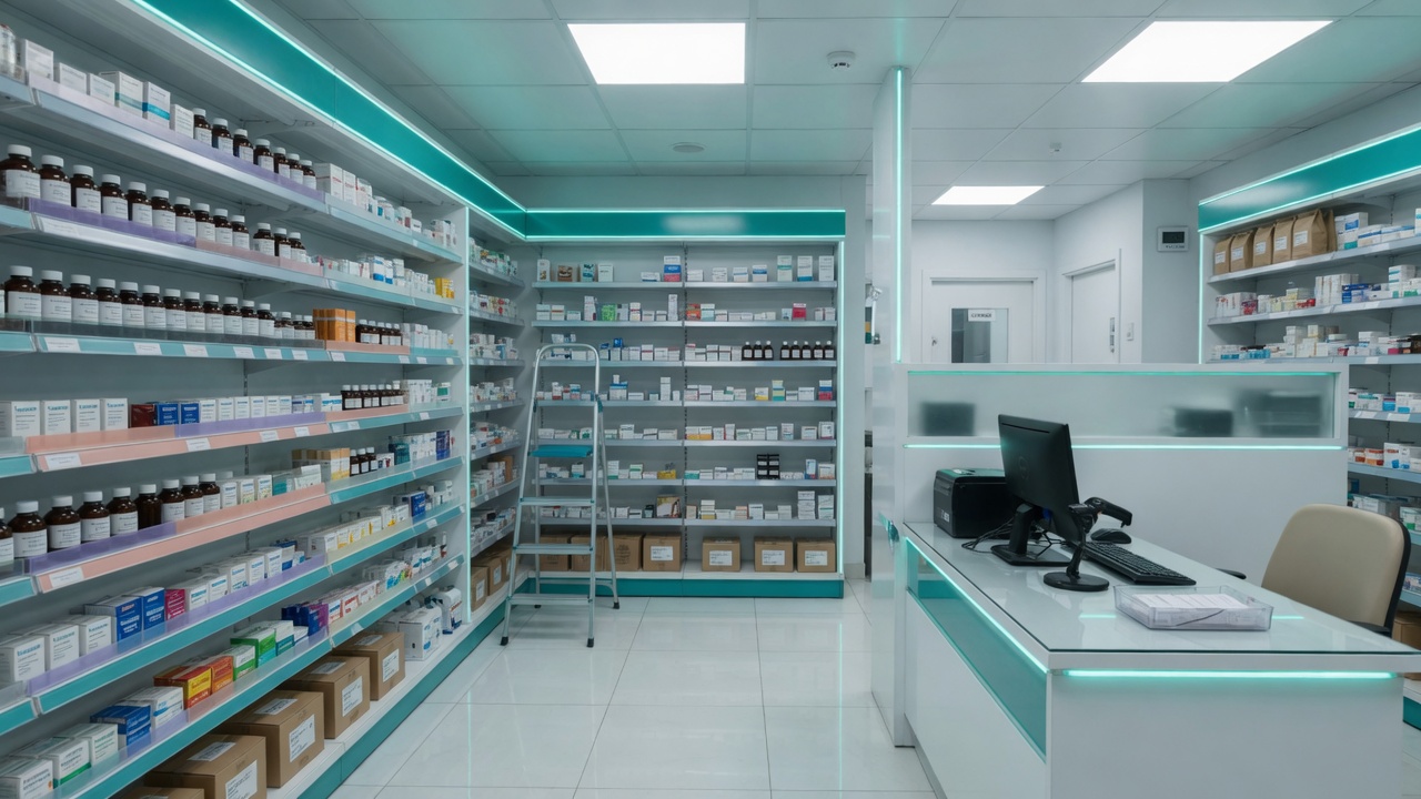 Pharmacy stock room shelves filled with medicine boxes and bottles