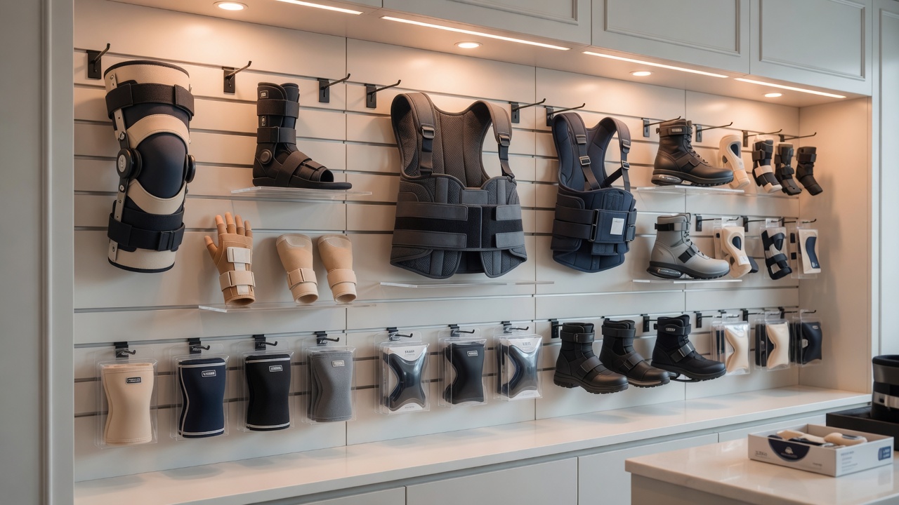 Wall display of knee braces, lumbar belts and orthopaedic supports