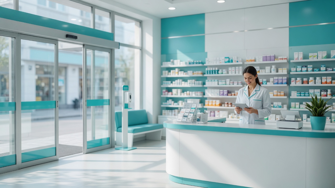 Bright pharmacy front counter with a pharmacist at the till