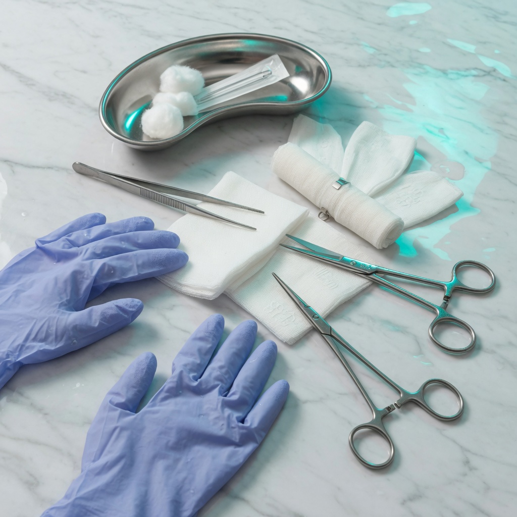 Sterile surgical instruments, gauze and gloves laid out on a tray
